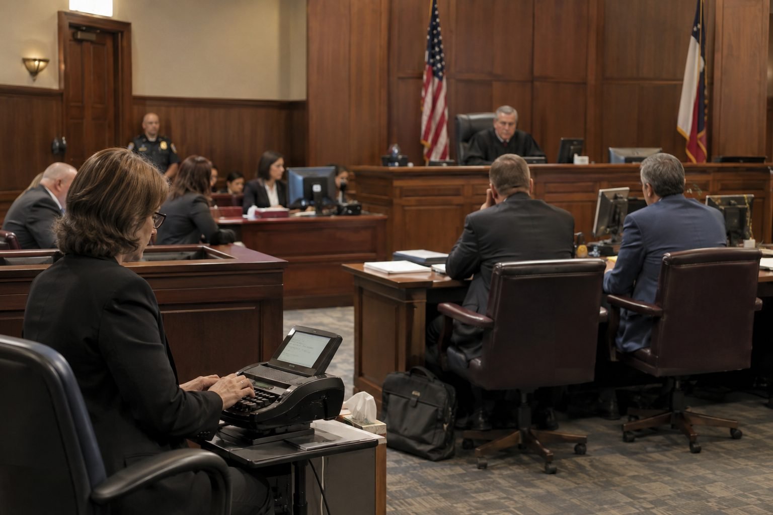 A court stenographer typing at a stenotype machine during a hearing